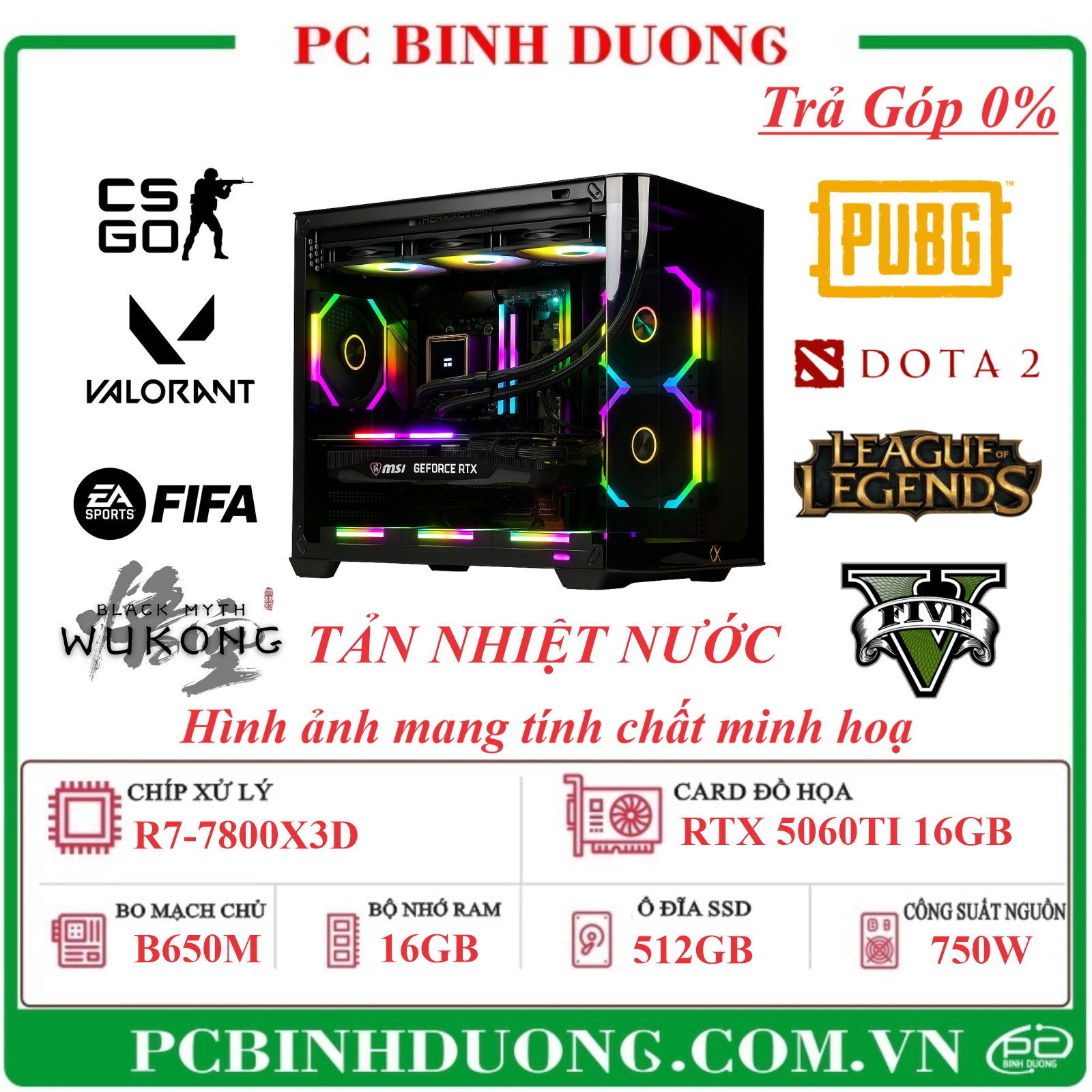 PC Gaming Yuzuriha B650M/R7-7800X3D/16GB/512GB/RTX5060TI-16GB/750W